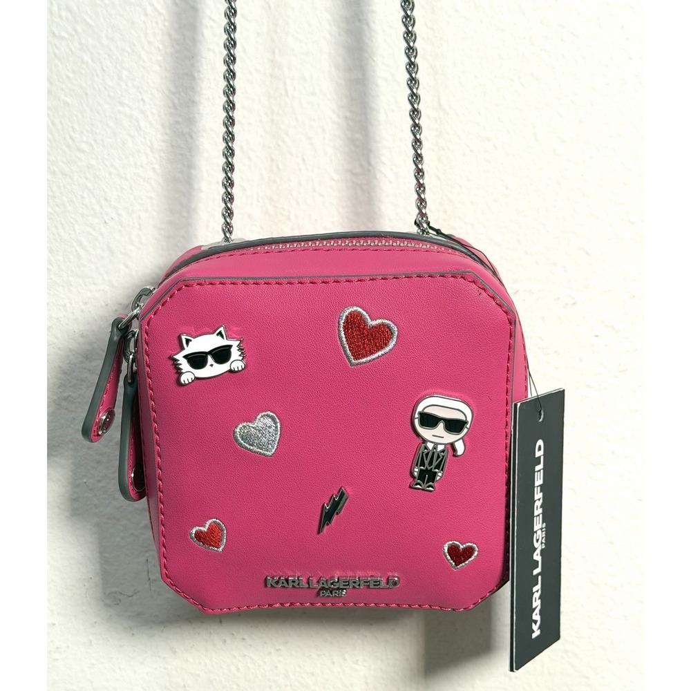 Karl Lagerfeld Paris Mini Crossbody Chain Bag Pink Fuchsia character pins $198